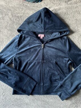 Juicy Couture Navy Velour Hooded Zip Jacket Size Large